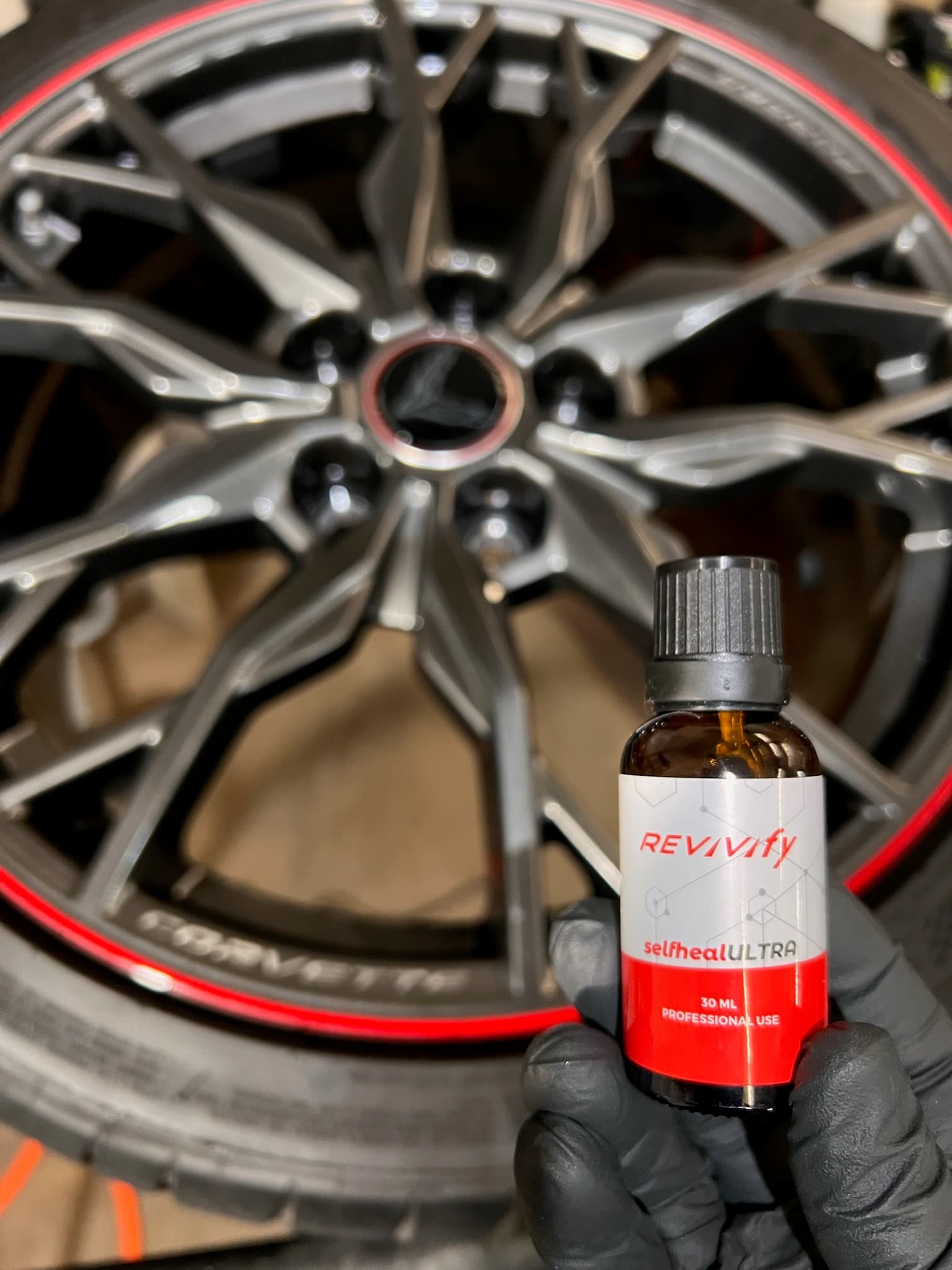 Revivify selfhealULTRA applied to a Corvette wheel