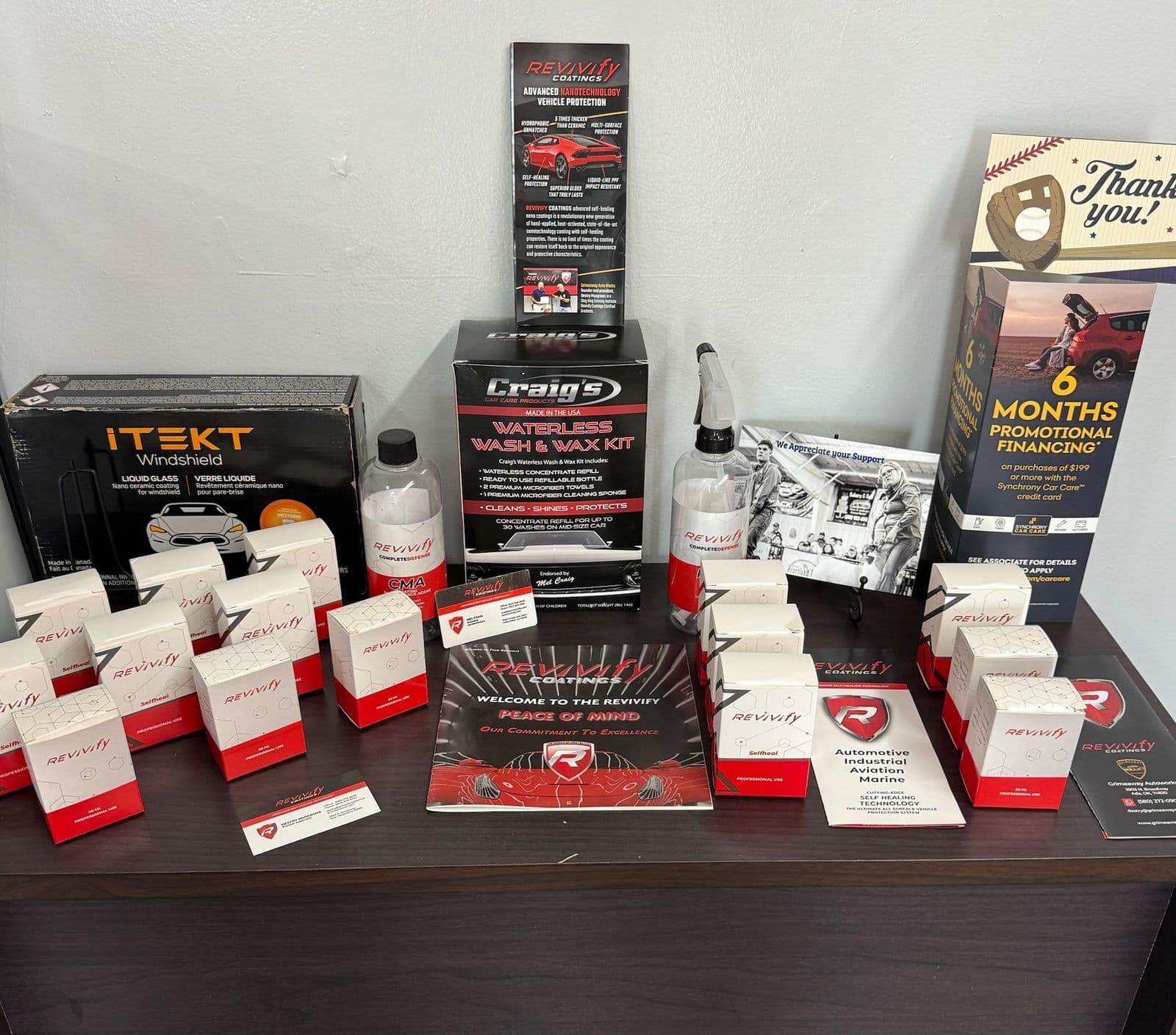 Revivify coating products laid out at Grimeaway Autoworks